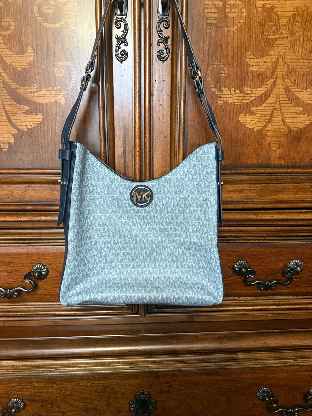Michael Kors Light Blue Signature MK Hobo Shoulder Bag with Navy Trim